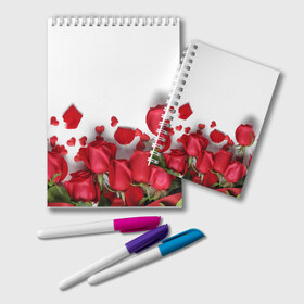 Блокнот с принтом Розы в Курске, 100% бумага | 48 листов, плотность листов — 60 г/м2, плотность картонной обложки — 250 г/м2. Листы скреплены удобной пружинной спиралью. Цвет линий — светло-серый
 | Тематика изображения на принте: flowers | gift | hearts | love | red | romantic | roses | valentines day | красные розы | сердечки