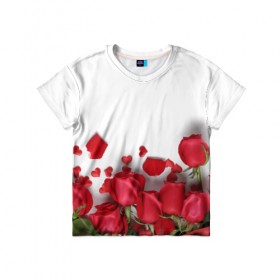 Детская футболка 3D с принтом Розы в Курске, 100% гипоаллергенный полиэфир | прямой крой, круглый вырез горловины, длина до линии бедер, чуть спущенное плечо, ткань немного тянется | Тематика изображения на принте: flowers | gift | hearts | love | red | romantic | roses | valentines day | красные розы | сердечки