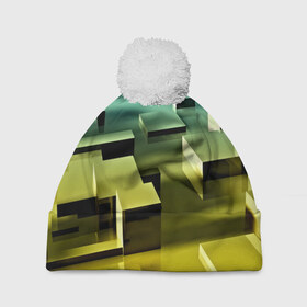 Шапка 3D c помпоном с принтом Плавающие кубы в Курске, 100% полиэстер | универсальный размер, печать по всей поверхности изделия | abstract | abstraction | block | tessera | абстракция | кубики | текстура