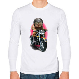 Мужской лонгслив хлопок с принтом Кот мотоциклист в Курске, 100% хлопок |  | moto | киса | кот | котэ | мото | мотоцикл | очки | шлем