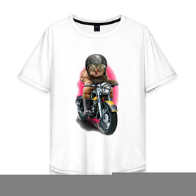 Мужская футболка хлопок Oversize с принтом Кот мотоциклист в Курске, 100% хлопок | свободный крой, круглый ворот, “спинка” длиннее передней части | Тематика изображения на принте: moto | киса | кот | котэ | мото | мотоцикл | очки | шлем