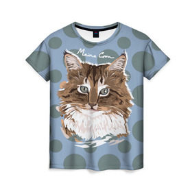 Женская футболка 3D с принтом Мейн-Кун в Курске, 100% полиэфир ( синтетическое хлопкоподобное полотно) | прямой крой, круглый вырез горловины, длина до линии бедер | cat | kitten | kitty | maine coon | pet | арт | животные | коты | кошки | кружочки | мейн кун | текстура