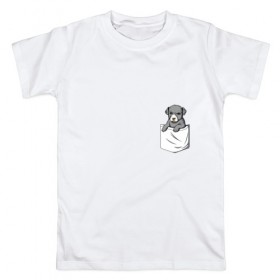 Мужская футболка хлопок с принтом Карман в Курске, 100% хлопок | прямой крой, круглый вырез горловины, длина до линии бедер, слегка спущенное плечо. | Тематика изображения на принте: дог | карман | собака | щенок