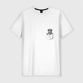 Мужская футболка премиум с принтом Карман в Курске, 92% хлопок, 8% лайкра | приталенный силуэт, круглый вырез ворота, длина до линии бедра, короткий рукав | Тематика изображения на принте: дог | карман | собака | щенок