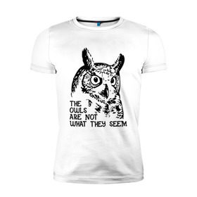 Мужская футболка премиум с принтом Twin Peaks Owl в Курске, 92% хлопок, 8% лайкра | приталенный силуэт, круглый вырез ворота, длина до линии бедра, короткий рукав | животные | надпись | птицы | сериал | сова | твин пикс | фильмы