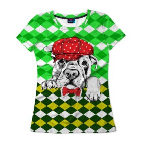 Женская футболка 3D с принтом Пёсик в Курске, 100% полиэфир ( синтетическое хлопкоподобное полотно) | прямой крой, круглый вырез горловины, длина до линии бедер | animal | dog | pet | puppy | арт | джентльмен | животные | кубики | пес | собаки | текстура