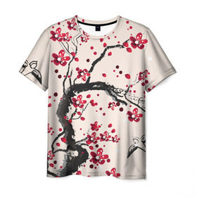 Мужская футболка 3D с принтом Сакура в Курске, 100% полиэфир | прямой крой, круглый вырез горловины, длина до линии бедер | вишня | дерево | зима | красный | новинки | птицы | черный | япония