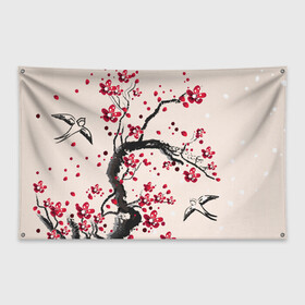 Флаг-баннер с принтом Сакура в Курске, 100% полиэстер | размер 67 х 109 см, плотность ткани — 95 г/м2; по краям флага есть четыре люверса для крепления | вишня | дерево | зима | красный | новинки | птицы | черный | япония