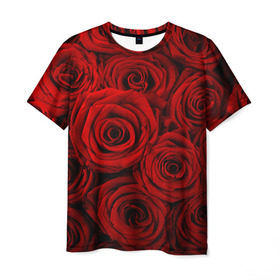 Мужская футболка 3D с принтом Красные розы в Курске, 100% полиэфир | прямой крой, круглый вырез горловины, длина до линии бедер | букет | красный | розы | цветы