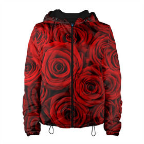 Женская куртка 3D с принтом Красные розы в Курске, ткань верха — 100% полиэстер, подклад — флис | прямой крой, подол и капюшон оформлены резинкой с фиксаторами, два кармана без застежек по бокам, один большой потайной карман на груди. Карман на груди застегивается на липучку | букет | красный | розы | цветы