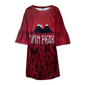 Детское платье 3D с принтом Лес Twin Peaks в Курске, 100% полиэстер | прямой силуэт, чуть расширенный к низу. Круглая горловина, на рукавах — воланы | Тематика изображения на принте: горы | надпись | ретро | твин пикс