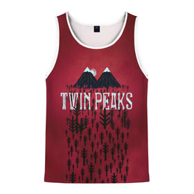 Мужская майка 3D с принтом Лес Twin Peaks в Курске, 100% полиэстер | круглая горловина, приталенный силуэт, длина до линии бедра. Пройма и горловина окантованы тонкой бейкой | Тематика изображения на принте: горы | надпись | ретро | твин пикс