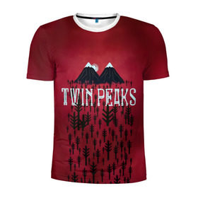 Мужская футболка 3D спортивная с принтом Лес Twin Peaks в Курске, 100% полиэстер с улучшенными характеристиками | приталенный силуэт, круглая горловина, широкие плечи, сужается к линии бедра | горы | надпись | ретро | твин пикс