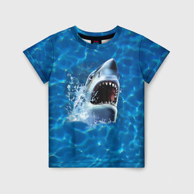 Детская футболка 3D с принтом Пасть акулы в Курске, 100% гипоаллергенный полиэфир | прямой крой, круглый вырез горловины, длина до линии бедер, чуть спущенное плечо, ткань немного тянется | акула | атака | белая | брызги | вода | волны | зубы | капли | море | океан | опасность | синяя | челюсти | эффект