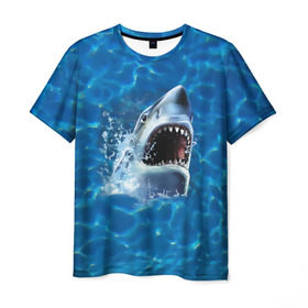 Мужская футболка 3D с принтом Пасть акулы в Курске, 100% полиэфир | прямой крой, круглый вырез горловины, длина до линии бедер | Тематика изображения на принте: акула | атака | белая | брызги | вода | волны | зубы | капли | море | океан | опасность | синяя | челюсти | эффект