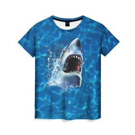 Женская футболка 3D с принтом Пасть акулы в Курске, 100% полиэфир ( синтетическое хлопкоподобное полотно) | прямой крой, круглый вырез горловины, длина до линии бедер | акула | атака | белая | брызги | вода | волны | зубы | капли | море | океан | опасность | синяя | челюсти | эффект