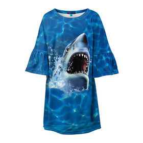 Детское платье 3D с принтом Пасть акулы в Курске, 100% полиэстер | прямой силуэт, чуть расширенный к низу. Круглая горловина, на рукавах — воланы | Тематика изображения на принте: акула | атака | белая | брызги | вода | волны | зубы | капли | море | океан | опасность | синяя | челюсти | эффект