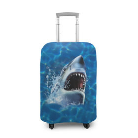 Чехол для чемодана 3D с принтом Пасть акулы в Курске, 86% полиэфир, 14% спандекс | двустороннее нанесение принта, прорези для ручек и колес | Тематика изображения на принте: акула | атака | белая | брызги | вода | волны | зубы | капли | море | океан | опасность | синяя | челюсти | эффект