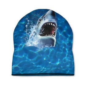 Шапка 3D с принтом Пасть акулы в Курске, 100% полиэстер | универсальный размер, печать по всей поверхности изделия | акула | атака | белая | брызги | вода | волны | зубы | капли | море | океан | опасность | синяя | челюсти | эффект
