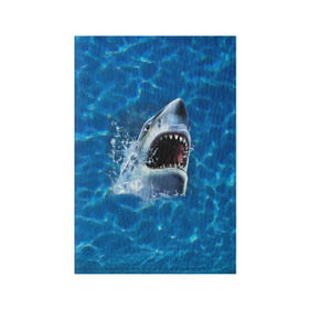 Обложка для паспорта матовая кожа с принтом Пасть акулы в Курске, натуральная матовая кожа | размер 19,3 х 13,7 см; прозрачные пластиковые крепления | акула | атака | белая | брызги | вода | волны | зубы | капли | море | океан | опасность | синяя | челюсти | эффект