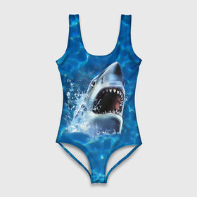 Купальник-боди 3D с принтом Пасть акулы в Курске, 82% полиэстер, 18% эластан | Круглая горловина, круглый вырез на спине | акула | атака | белая | брызги | вода | волны | зубы | капли | море | океан | опасность | синяя | челюсти | эффект