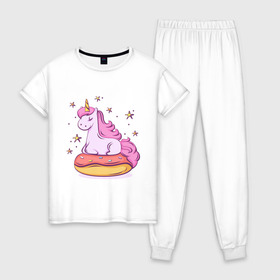 Женская пижама хлопок с принтом Единорог в Курске, 100% хлопок | брюки и футболка прямого кроя, без карманов, на брюках мягкая резинка на поясе и по низу штанин | Тематика изображения на принте: donut | pink | star | unicorn | единорог | звезды | конь | милота | пончик | сказка