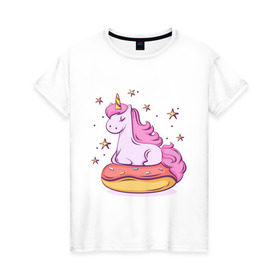 Женская футболка хлопок с принтом Единорог в Курске, 100% хлопок | прямой крой, круглый вырез горловины, длина до линии бедер, слегка спущенное плечо | donut | pink | star | unicorn | единорог | звезды | конь | милота | пончик | сказка