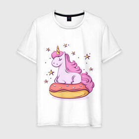 Мужская футболка хлопок с принтом Единорог в Курске, 100% хлопок | прямой крой, круглый вырез горловины, длина до линии бедер, слегка спущенное плечо. | Тематика изображения на принте: donut | pink | star | unicorn | единорог | звезды | конь | милота | пончик | сказка