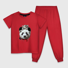 Детская пижама хлопок с принтом Панда и котенок в Курске, 100% хлопок |  брюки и футболка прямого кроя, без карманов, на брюках мягкая резинка на поясе и по низу штанин
 | cat | panda | добро | друг | животные | кот | котенок | кошка | лучший | медведь | милый | мишка | нежный | панда
