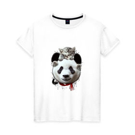 Женская футболка хлопок с принтом Панда и котенок в Курске, 100% хлопок | прямой крой, круглый вырез горловины, длина до линии бедер, слегка спущенное плечо | cat | panda | добро | друг | животные | кот | котенок | кошка | лучший | медведь | милый | мишка | нежный | панда