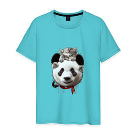 Мужская футболка хлопок с принтом Панда и котенок в Курске, 100% хлопок | прямой крой, круглый вырез горловины, длина до линии бедер, слегка спущенное плечо. | Тематика изображения на принте: cat | panda | добро | друг | животные | кот | котенок | кошка | лучший | медведь | милый | мишка | нежный | панда