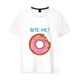 Мужская футболка хлопок с принтом Укуси меня в Курске, 100% хлопок | прямой крой, круглый вырез горловины, длина до линии бедер, слегка спущенное плечо. | bart | donut | food | homer | simpsons | аппетит | барт | гомер | еда | мультфильм | пончик | симпсоны | сладкий