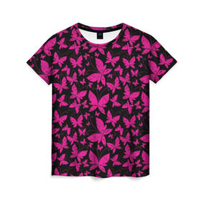 Женская футболка 3D с принтом Розовые бабочки в Курске, 100% полиэфир ( синтетическое хлопкоподобное полотно) | прямой крой, круглый вырез горловины, длина до линии бедер | butterflies | pink | бабочки | красота | крылья | нежность | орнамент | розовый | узор