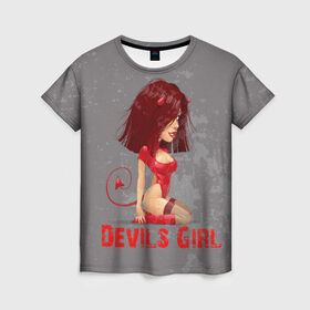 Женская футболка 3D с принтом Devils Girl в Курске, 100% полиэфир ( синтетическое хлопкоподобное полотно) | прямой крой, круглый вырез горловины, длина до линии бедер | devils girl |   дьявол | грешница | люцифер | сатана