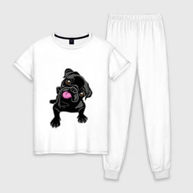 Женская пижама хлопок с принтом Забавный мопсик в Курске, 100% хлопок | брюки и футболка прямого кроя, без карманов, на брюках мягкая резинка на поясе и по низу штанин | animal | dog | pet | pug | puppy | арт | животные | милые | мопс | пес | собаки | французский бульдог