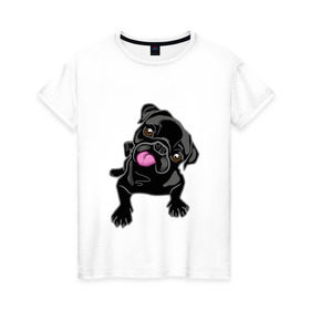 Женская футболка хлопок с принтом Забавный мопсик в Курске, 100% хлопок | прямой крой, круглый вырез горловины, длина до линии бедер, слегка спущенное плечо | Тематика изображения на принте: animal | dog | pet | pug | puppy | арт | животные | милые | мопс | пес | собаки | французский бульдог