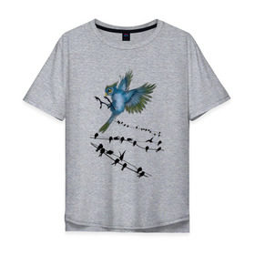 Мужская футболка хлопок Oversize с принтом Ласточка в Курске, 100% хлопок | свободный крой, круглый ворот, “спинка” длиннее передней части | весна | колибри | крылья | мызыка | ноты | пение | перо | перышко | перья