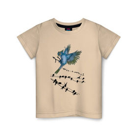 Детская футболка хлопок с принтом Ласточка в Курске, 100% хлопок | круглый вырез горловины, полуприлегающий силуэт, длина до линии бедер | Тематика изображения на принте: весна | колибри | крылья | мызыка | ноты | пение | перо | перышко | перья