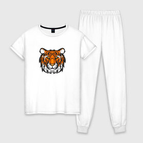 Женская пижама хлопок с принтом ТИГР в Курске, 100% хлопок | брюки и футболка прямого кроя, без карманов, на брюках мягкая резинка на поясе и по низу штанин | агрессия | голова | кошка | сила | тигр | хищник