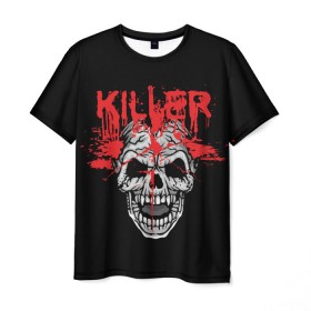 Мужская футболка 3D с принтом Killer в Курске, 100% полиэфир | прямой крой, круглый вырез горловины, длина до линии бедер | Тематика изображения на принте: blood | dead | death | drops | fear | halloween | happy | holiday | killer | red | skull | splashes | брызги | капли | красный | кровь | мертвый | праздник | счастливый | хэллоуин | череп