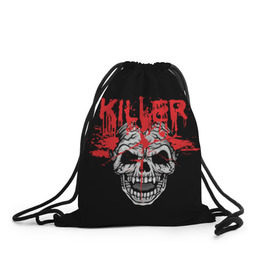 Рюкзак-мешок 3D с принтом Killer в Курске, 100% полиэстер | плотность ткани — 200 г/м2, размер — 35 х 45 см; лямки — толстые шнурки, застежка на шнуровке, без карманов и подкладки | Тематика изображения на принте: blood | dead | death | drops | fear | halloween | happy | holiday | killer | red | skull | splashes | брызги | капли | красный | кровь | мертвый | праздник | счастливый | хэллоуин | череп