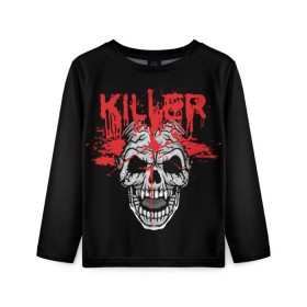 Детский лонгслив 3D с принтом Killer в Курске, 100% полиэстер | длинные рукава, круглый вырез горловины, полуприлегающий силуэт
 | blood | dead | death | drops | fear | halloween | happy | holiday | killer | red | skull | splashes | брызги | капли | красный | кровь | мертвый | праздник | счастливый | хэллоуин | череп