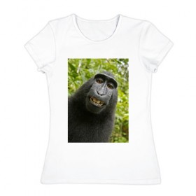 Женская футболка хлопок с принтом Селфи Обезьяны в Курске, 100% хлопок | прямой крой, круглый вырез горловины, длина до линии бедер, слегка спущенное плечо | 