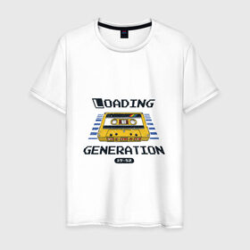 Мужская футболка хлопок с принтом Loading Generation в Курске, 100% хлопок | прямой крой, круглый вырез горловины, длина до линии бедер, слегка спущенное плечо. | 1982 | аудиокассета | загрузка | кассета | поколение