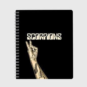 Тетрадь с принтом Scorpions в Курске, 100% бумага | 48 листов, плотность листов — 60 г/м2, плотность картонной обложки — 250 г/м2. Листы скреплены сбоку удобной пружинной спиралью. Уголки страниц и обложки скругленные. Цвет линий — светло-серый
 | Тематика изображения на принте: scorpions | клаус майне
рудольф шенкер | маттиас ябс | микки ди | павел мончивода | скорпионы