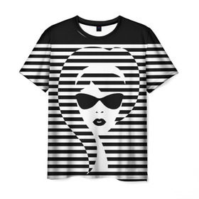 Мужская футболка 3D с принтом Pop art girl в Курске, 100% полиэфир | прямой крой, круглый вырез горловины, длина до линии бедер | abstraction | background | band | black and white | fashion | girl | hair | pop art | silhouette | style | абстракция | девушка | мода | очки | полосы | поп  арт | прическа | силуэт | стиль | фон | черно  белый
