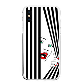 Чехол для iPhone XS Max матовый с принтом Pop art girl в Курске, Силикон | Область печати: задняя сторона чехла, без боковых панелей | abstraction | background | band | black and white | fashion | girl | hair | pop art | silhouette | style | абстракция | девушка | мода | полосы | поп  арт | прическа | силуэт | стиль | фон | черно  белый