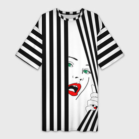 Платье-футболка 3D с принтом Pop art girl в Курске,  |  | abstraction | background | band | black and white | fashion | girl | hair | pop art | silhouette | style | абстракция | девушка | мода | полосы | поп  арт | прическа | силуэт | стиль | фон | черно  белый