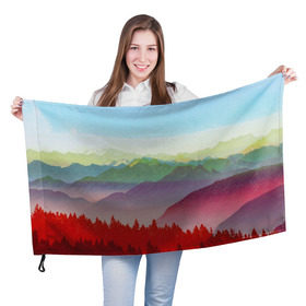 Флаг 3D с принтом Радужный пейзаж в Курске, 100% полиэстер | плотность ткани — 95 г/м2, размер — 67 х 109 см. Принт наносится с одной стороны | горы | деревья | дождь | лес | массив | небо | природа | рельеф | скалы | яркий
