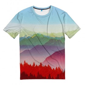Мужская футболка 3D с принтом Радужный пейзаж в Курске, 100% полиэфир | прямой крой, круглый вырез горловины, длина до линии бедер | Тематика изображения на принте: горы | деревья | дождь | лес | массив | небо | природа | рельеф | скалы | яркий